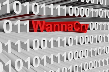 WannaCry in the form of binary code, 3D illustration