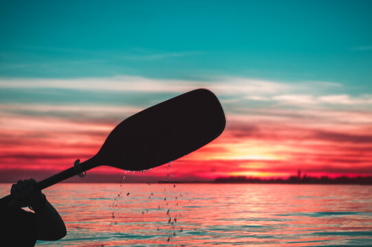 silhouette of a paddle with drpping water