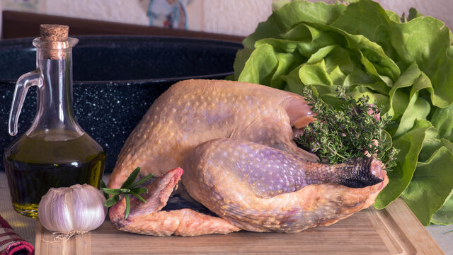 pintade crue en pr&eacute;paration pour la cuisson