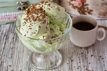 Pistachio ice cream with chocolate and coffee.