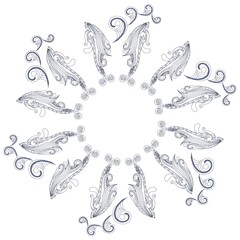 Monochrome mandala stock vector illustration, stylized ornamental fishes and waves. Thin dark blue line on white