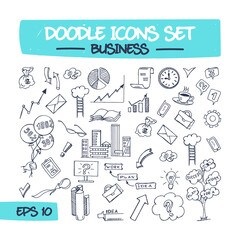Doodle Icons Set - Business. Sketch Sign Illustration on Paper of Business Items. Hand Drawing Line Icons of Envelope, Infographic, Monitor, Flipchart, Briefcase, Book, and Money. .