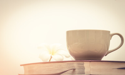 Fototapeta na wymiar coffee cup book and white flower on wooden table, in morning