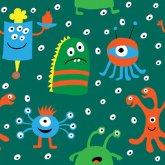 Seamless pattern with cartoon aliens on a green background