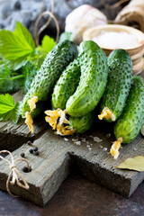 Domestic vegetables canned. Preservation of fresh and pickled cucumbers, garlic and spices on the kitchen table. Copy space.