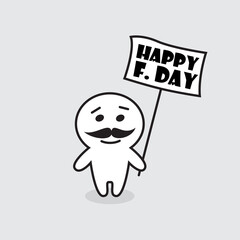 A character with a mustache, holding a poster with the inscription 