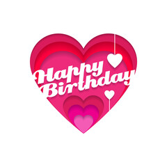 Paper art carving with inscription Happy Birthday inside heart, vector greeting card.