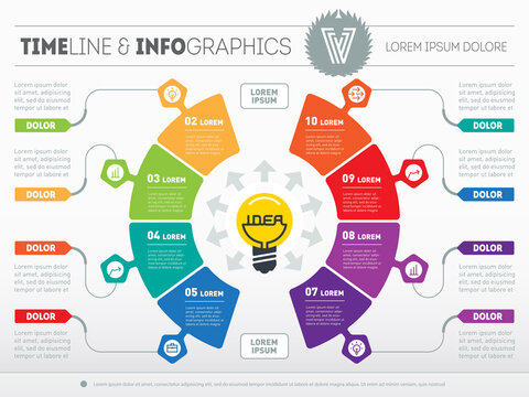 Business concept with 8 options - from idea to final product. Web Template of a circle chart, diagram. Light bulb with inscription "idea". Vector infographic of technology or education process.