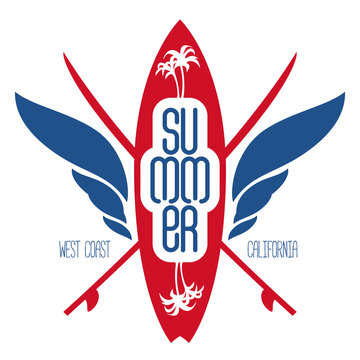Surfing label with surfboard, palms and waves. Logo, badge, banner or emblem for surf club. Vector illustration with lettering.