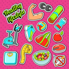 Woman Healthy Lifestyle Doodle with Sport Elements and Diet Food. Vector Stickers, Badges and Patches