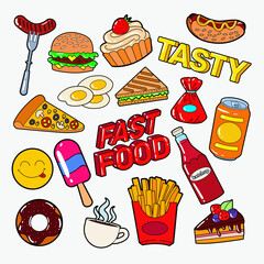 Fast Food Doodle with Pizza, Burger and Fries. Junk Unhealthy Eating. Vector illustration