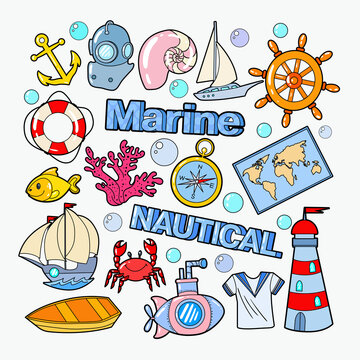 Nautical Marine Doodle with Fish, Boat and Submarine. Sea Vacation. Vector illustration
