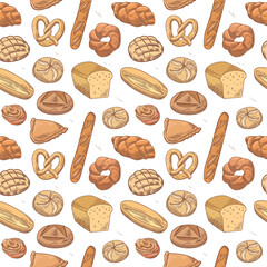 Bakery Hand Drawn Seamless Pattern. Fresh Bread and Buns Background. Vector illustration