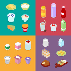 Milk Industry Production. Dairy Products with Milk Bottle, Cream and Cheese. Isometric vector flat 3d illustration