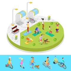 Isometric City Park Composition with Active People and Bicycle Parking. Outdoor Activity. Vector flat 3d illustration
