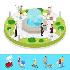 Isometric City Park Composition with Fountain and Walking People. Outdoor Activity. Vector flat 3d illustration
