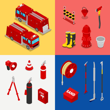 Isometric Fireman Equipment with Tank Truck and Hydrant. Vector illustration
