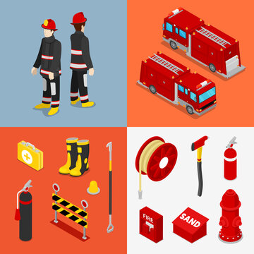 Isometric Fireman. Firefighter with Tank Truck and Equipment. Vector illustration