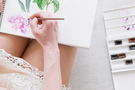 Close up of watercolor scketch and hand. Painter work with picture. Colorful artwork of flower on white paper. Artist paint with palette and brush.
