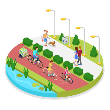 Isometric City Park Composition with Running Woman and Family on Bicycles. Outdoor Activity. Vector flat 3d illustration