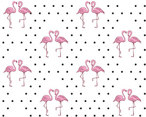 Fototapeta premium Seamless pattern with pink flamingos. Tropical print. Black polka dots.