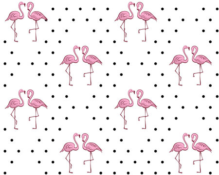 Seamless pattern with pink flamingos. Tropical print. Black polka dots.