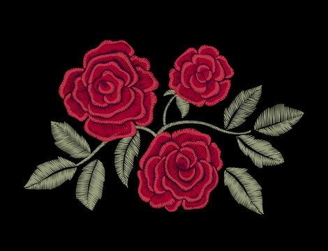 Chic red roses. Embroidery.