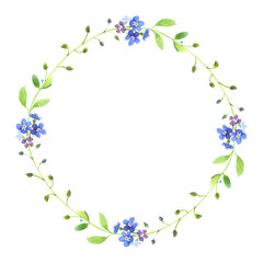 Obraz na płótnie Canvas Watercolor wreath. Blue forget-me-nots with green leaves on white background. Can be used as wedding invitations, print, your banner or Postcards for Valentine's Day. Pink tape.