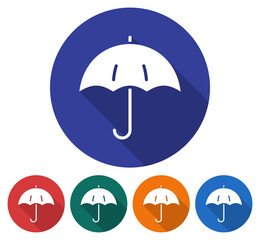 Round icon of  umbrella. Flat style illustration with long shadow in five variants background color