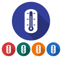 Round icon of  thermometer. Flat style illustration with long shadow in five variants background color