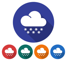 Round icon of snowfall. Flat style illustration with long shadow in five variants background color