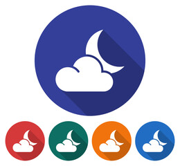 Round icon of  crescent with cloud (partly cloudy night weather). Flat style illustration with long shadow in five variants background color