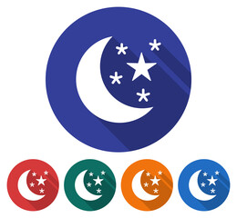Round icon of  crescent with stars (clear night weather). Flat style illustration with long shadow in five variants background color