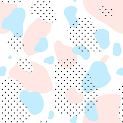 Abstract seamless chaotic pattern. Military and memphis style. Modern wallpaper in trendy pastel colors. Pink, blue and black. Background texture with spots and dots. Repeat endless design. Vector