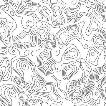 Seamless pattern. Fictional topo contour map design. Vector. Geography concept. Abstract wavy graphic backdrop. Cartography and topology. Line topographic contour map background. Black and white.