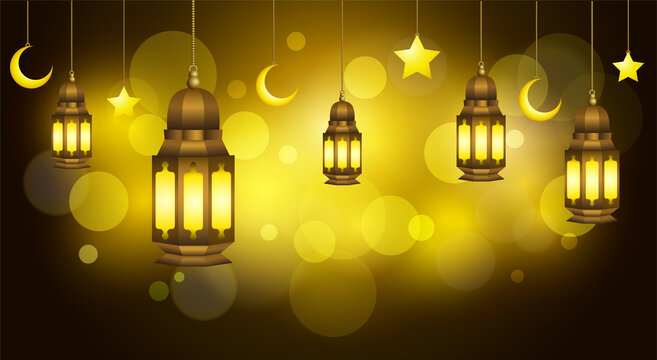 Ramadan Kareem greeting card with gold lantern