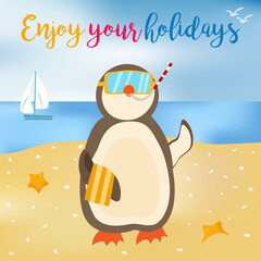 Bright enjoy your summer poster with penguin on the shore