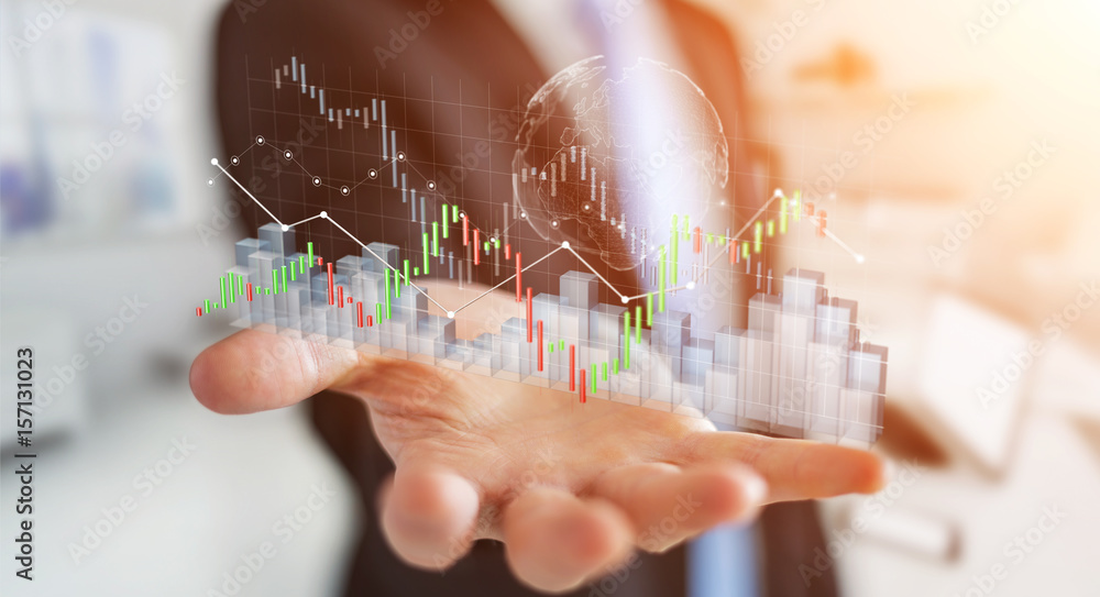 Poster businessman using digital 3d rendered stock exchange stats and charts