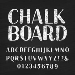 Obraz premium Chalk board alphabet font. Hand drawn letters, numbers and symbols. Vintage vector typeface for your design. Distressed background.