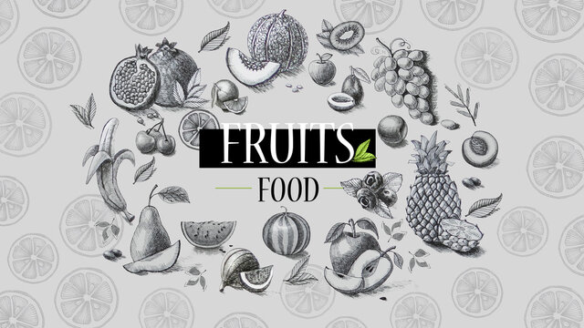 Organic food. Fresh fruits. Pencil drawing.