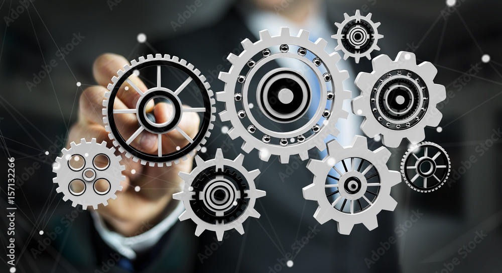 Poster businessman touching floating gear icons with a pen 3d rendering