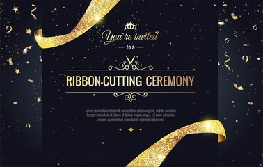 Grand opening sparkling banner. Text composition with  golden splashes  and ribbons.Gold sparkles.  Elegant style. Vector Illustration