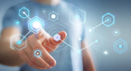 Obraz premium Businessman using digital screens with holograms datas 3D rendering