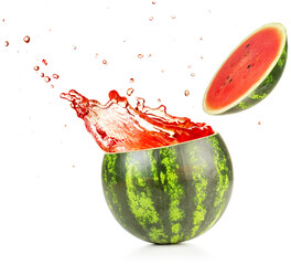 juice exploding out of a watermelon isolated on white background