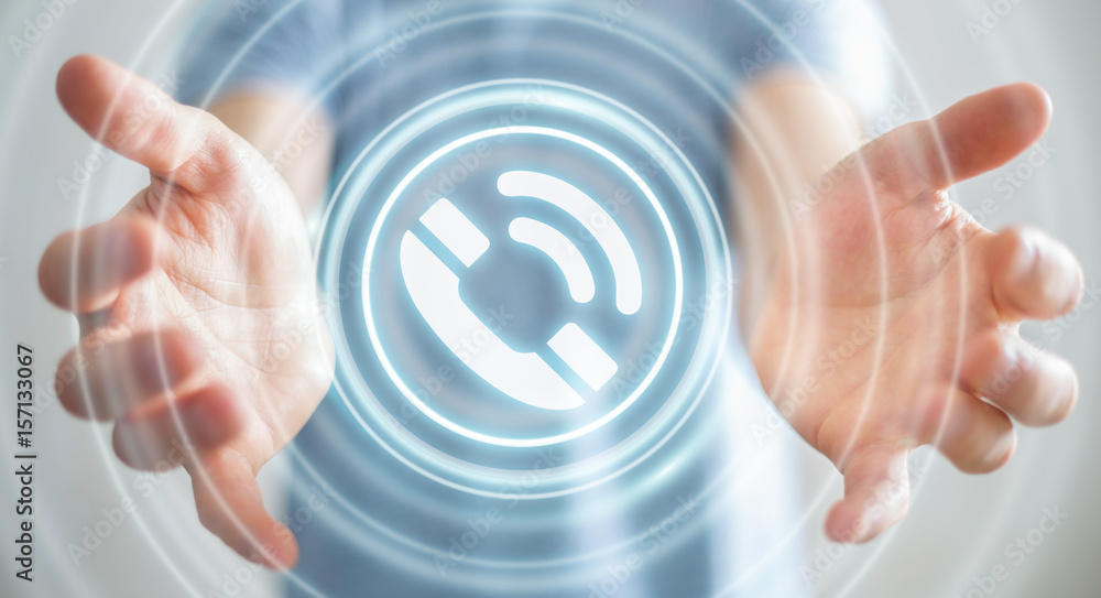 Poster businessman using hotline customer assistance 3d rendering