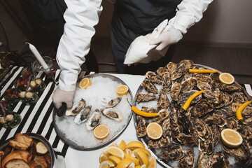 Mussels in shells on ice in a white sauce with lemon In the hands of the cook. Close-up in white plate on a background.