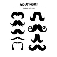 Set of mustaches isolated on white background. Collection of men's mustaches silhouettes. Design elements. Vector illustration