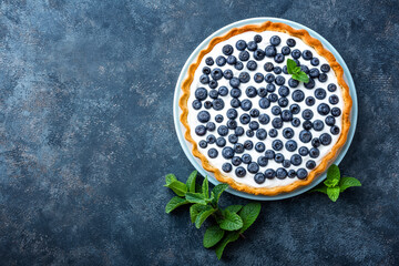 Delicious dessert blueberry tart with fresh berries and whipped cream, sweet tasty cheesecake, berry pie. French cuisine