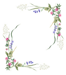 Delicate summer frame with with flowers and leaves of clover, lavender, strawberry and herbs. Hand drawn watercolor painting.