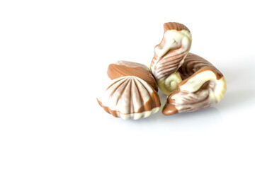 Chocolate candy in the form of sea shells on white table with reflection isolated on white background